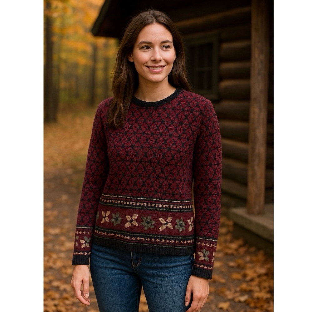 VTG Eddie Bauer Shetland Wool Sweater M Burgundy Black Floral Fair Isle Nordic